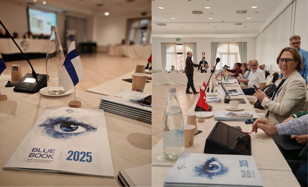 kuvituskuva, jossa suomenlippu ja ECOOn Blue Book 2025 kirjanen.