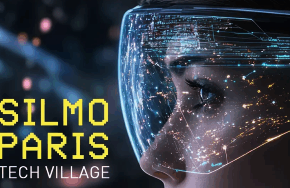 SILMO Paris -tapahtuman kuvituskuva, missä naisen kasvot futuristisilla laseilla.