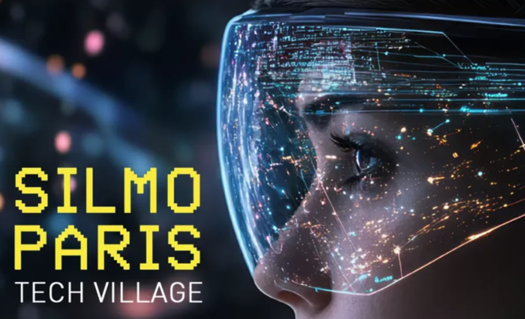 SILMO Paris -tapahtuman kuvituskuva, missä naisen kasvot futuristisilla laseilla.