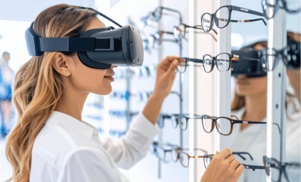 Kuvistuskuva optikkoliikkeestä. Nainen virtuaalitodellisuuslasit päässä silmälasikehysten edessä.