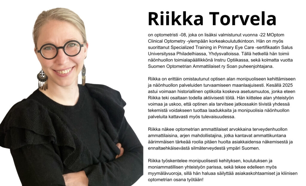 Kuvassa Vuoden optikko 2025 -ehdokas Riikka Torvela, kuva ja esittely.