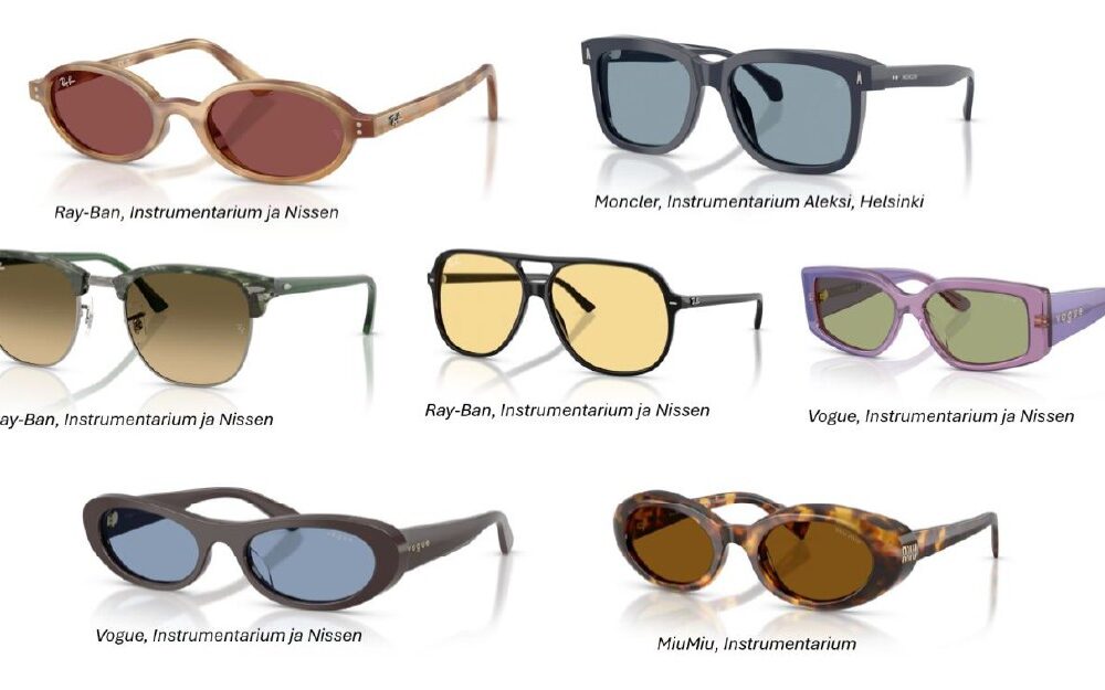 Kuvassa aurinkolaseja eri väreissä ja muodoissa.