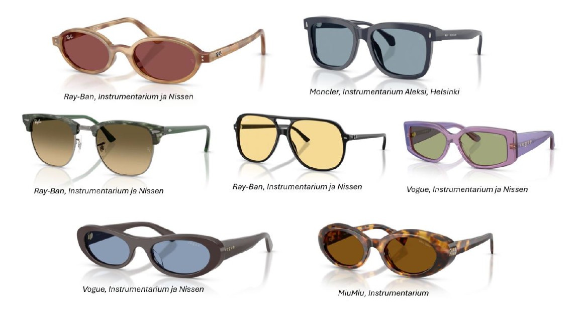 Kuvassa aurinkolaseja eri väreissä ja muodoissa.